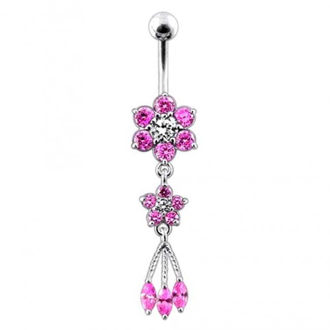 Jeweled Flower Dangling SS Curved Bar Belly Ring - Monster Piercing