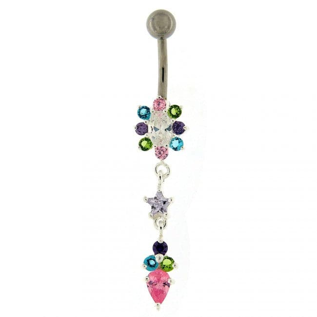 Silver Flower Dangling SS banana Bar Belly Button RingÊ - Monster Piercing