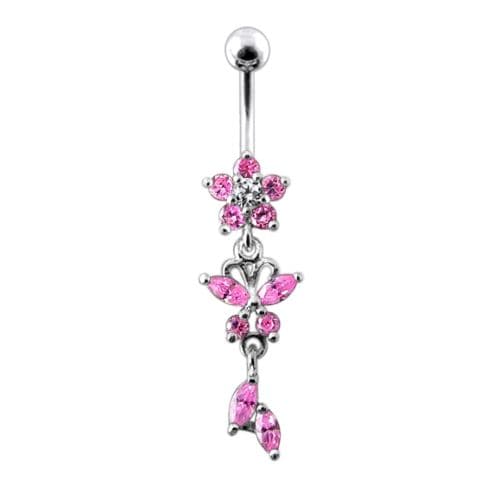 Flower & Butterfly Dangling Belly Ring - Monster Piercing