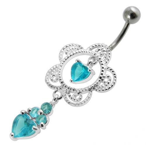 Heart in Flower Jeweled Silver Dangling Navel Belly Ring - Monster Piercing