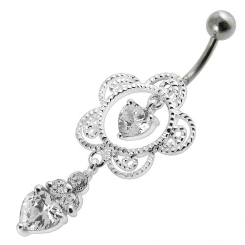 Heart in Flower Jeweled Silver Dangling Navel Belly Ring - Monster Piercing