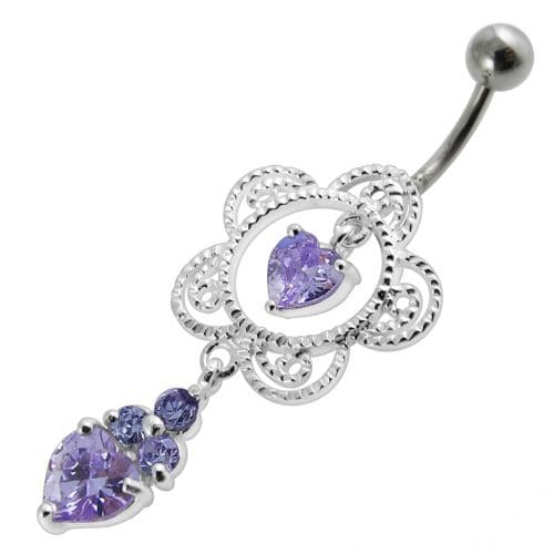 Heart in Flower Jeweled Silver Dangling Navel Belly Ring - Monster Piercing