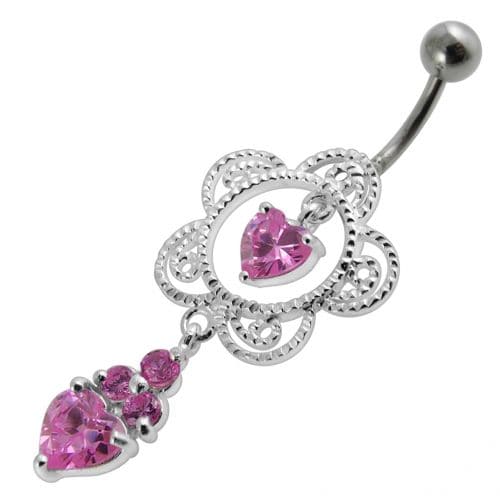 Heart in Flower Jeweled Silver Dangling Navel Belly Ring - Monster Piercing