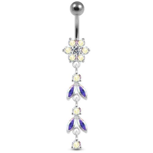 Silver Jeweled Dangling Banana Bar Navel Belly Ring - Monster Piercing