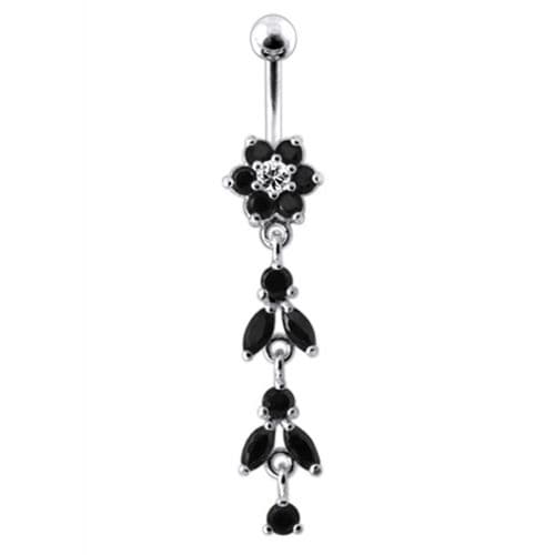 Silver Jeweled Dangling Banana Bar Navel Belly Ring - Monster Piercing