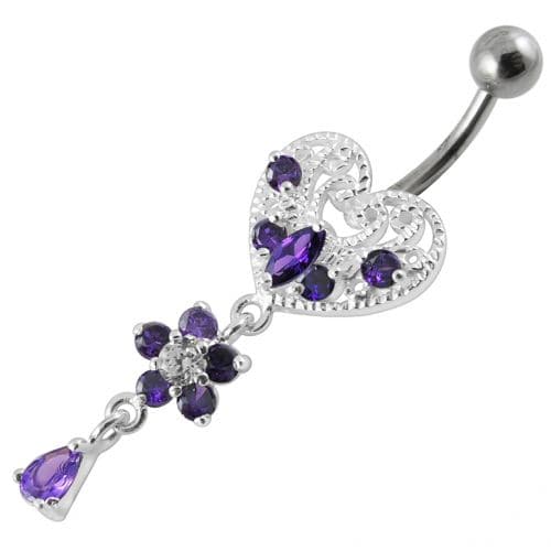 Jeweled Heart Dangling Navel Belly Ring - Monster Piercing