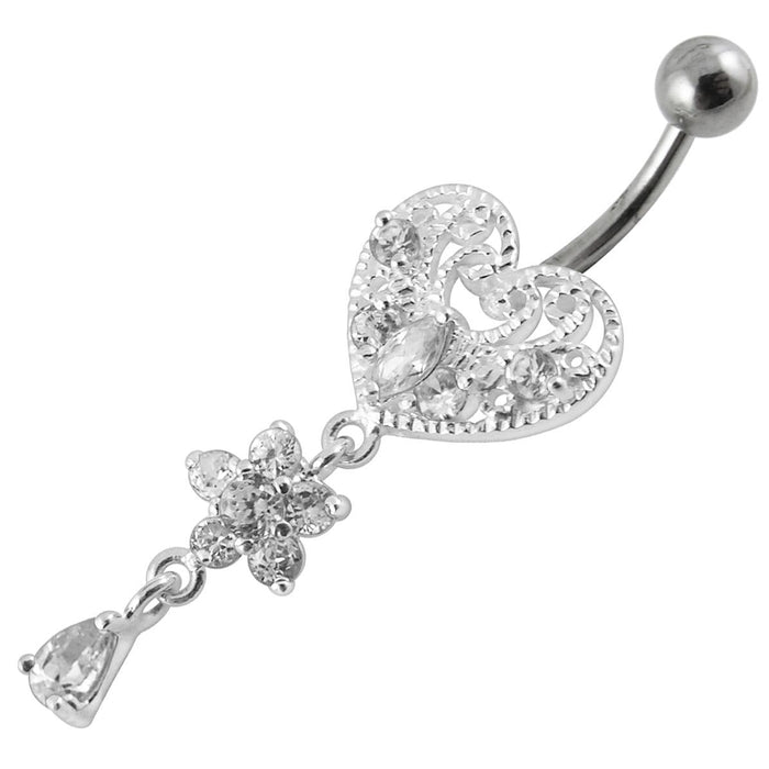 Jeweled Heart Dangling Navel Belly Ring - Monster Piercing