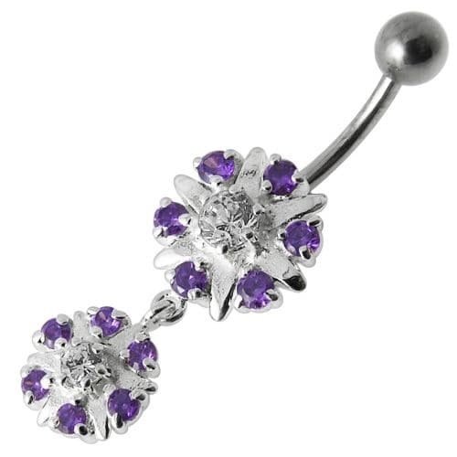 Two Round Jeweled Dangling Navel Belly Ring - Monster Piercing