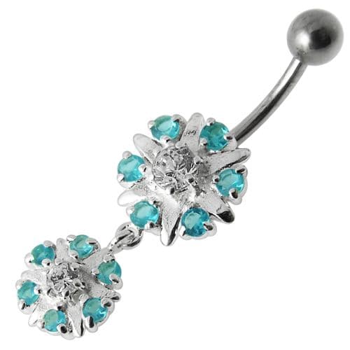 Two Round Jeweled Dangling Navel Belly Ring - Monster Piercing