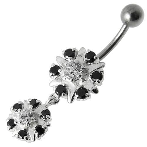 Two Round Jeweled Dangling Navel Belly Ring - Monster Piercing