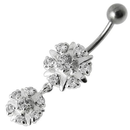 Two Round Jeweled Dangling Navel Belly Ring - Monster Piercing