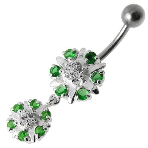 Two Round Jeweled Dangling Navel Belly Ring - Monster Piercing