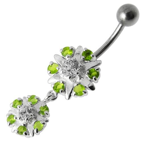 Two Round Jeweled Dangling Navel Belly Ring - Monster Piercing