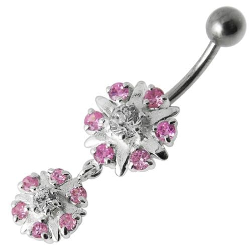 Two Round Jeweled Dangling Navel Belly Ring - Monster Piercing