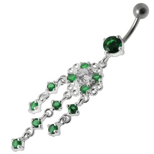 Dangling Fancy Jeweled SS Bar Navel Ring - Monster Piercing