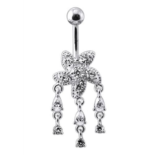 Fancy Silver Jeweled Dangling Belly Button Ring - Monster Piercing