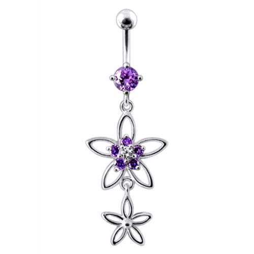 Fancy Silver Multi CZ Jeweled Dangling SS Bar Body Jewlelry Navel Ring - Monster Piercing