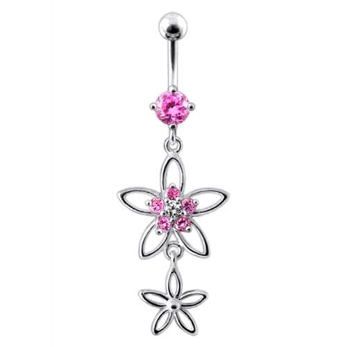 Fancy Silver Multi CZ Jeweled Dangling SS Bar Body Jewlelry Navel Ring - Monster Piercing