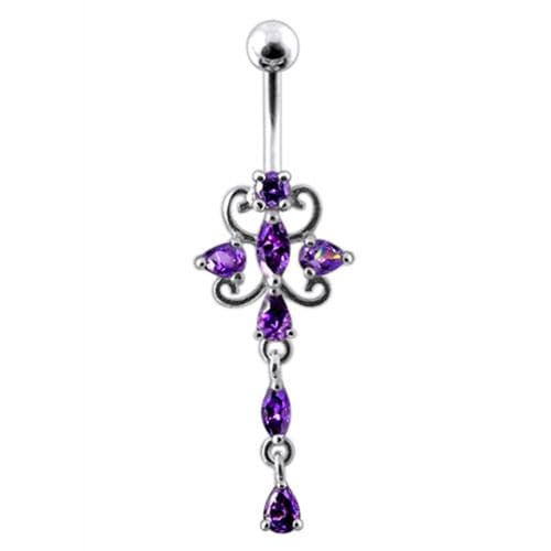 Dangling Jeweled Flower SS Bar Belly Ring - Monster Piercing