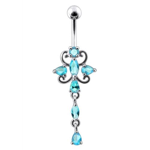 Dangling Jeweled Flower SS Bar Belly Ring - Monster Piercing