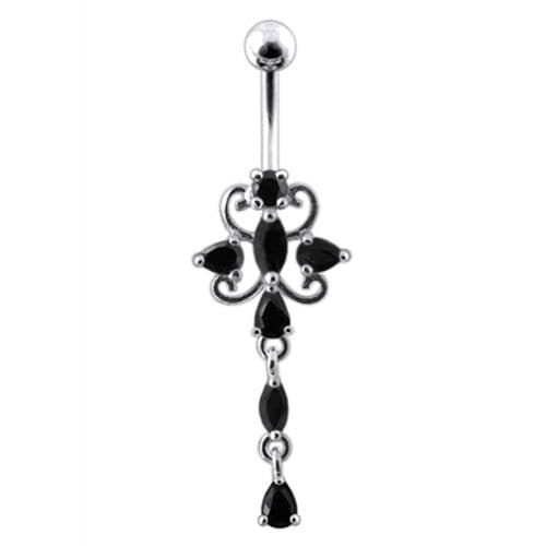 Dangling Jeweled Flower SS Bar Belly Ring - Monster Piercing