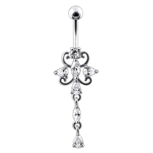 Dangling Jeweled Flower SS Bar Belly Ring - Monster Piercing