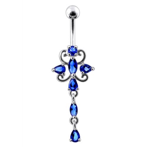 Dangling Jeweled Flower SS Bar Belly Ring - Monster Piercing