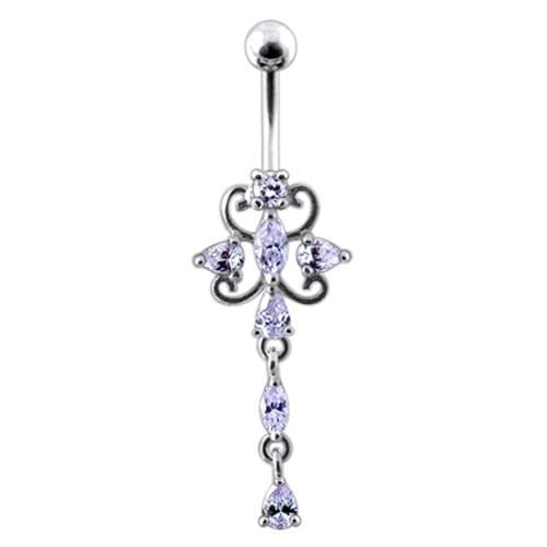 Dangling Jeweled Flower SS Bar Belly Ring - Monster Piercing