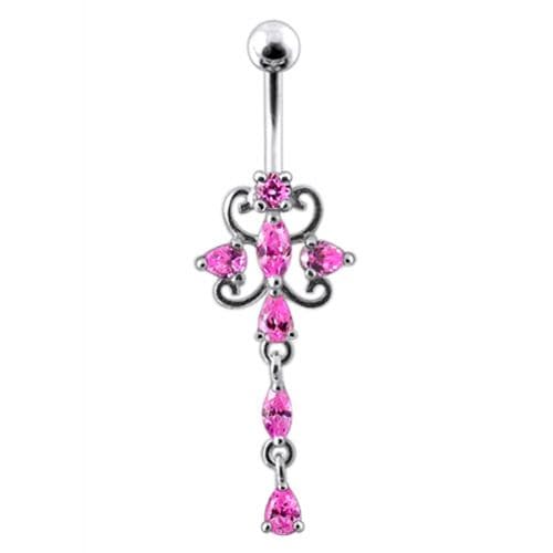 Dangling Jeweled Flower SS Bar Belly Ring - Monster Piercing