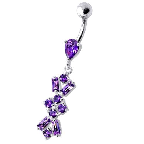 Navel Ring With Dangling Purple Jeweled Flower Body Jewelry - Monster Piercing