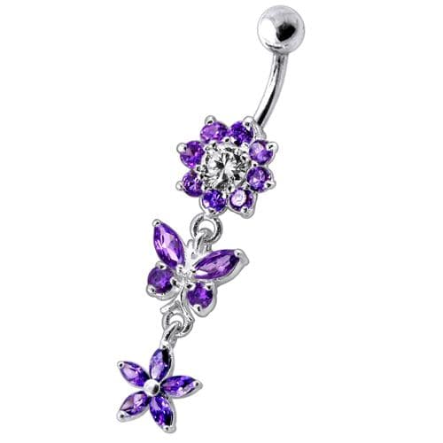 Dangling Jeweled Butterfly Flower SS Bar Navel Ring - Monster Piercing