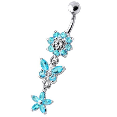 Dangling Jeweled Butterfly Flower SS Bar Navel Ring - Monster Piercing