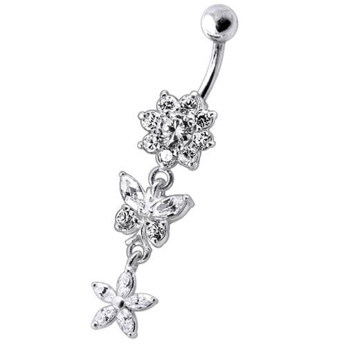 Dangling Jeweled Butterfly Flower SS Bar Navel Ring - Monster Piercing