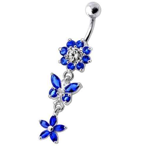 Dangling Jeweled Butterfly Flower SS Bar Navel Ring - Monster Piercing