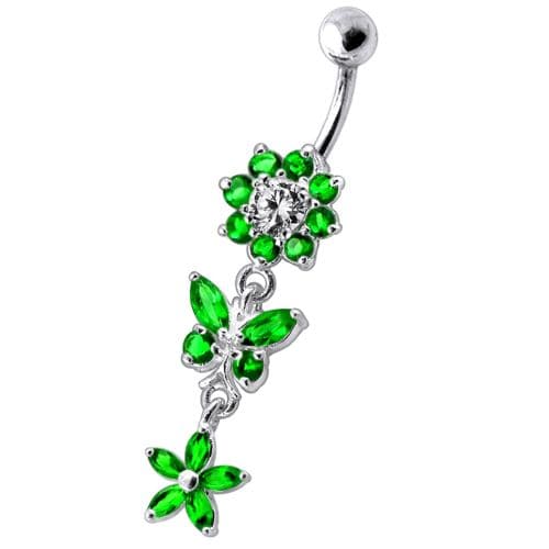 Dangling Jeweled Butterfly Flower SS Bar Navel Ring - Monster Piercing