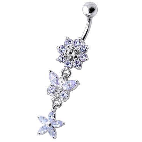 Dangling Jeweled Butterfly Flower SS Bar Navel Ring - Monster Piercing