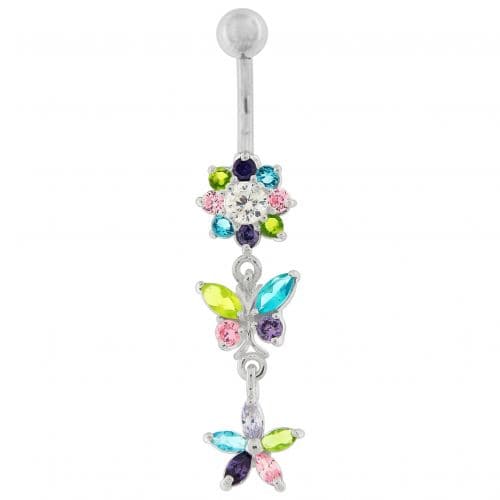 Dangling Jeweled Butterfly Flower SS Bar Navel Ring - Monster Piercing