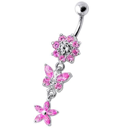 Dangling Jeweled Butterfly Flower SS Bar Navel Ring - Monster Piercing