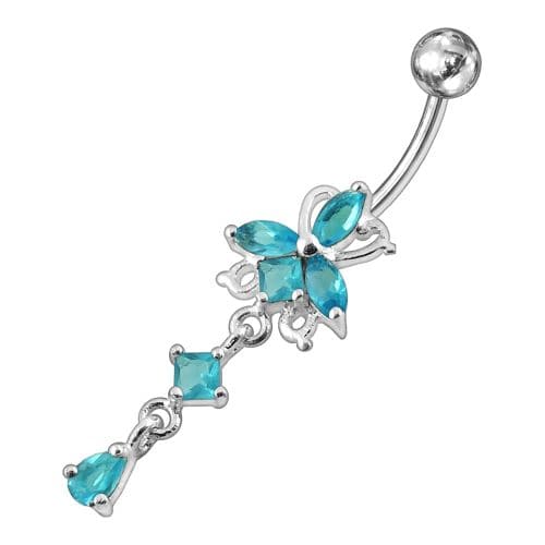 Fancy Flower Dangling Jeweled Navel Ring - Monster Piercing