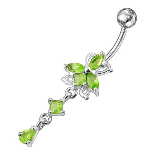 Fancy Flower Dangling Jeweled Navel Ring - Monster Piercing