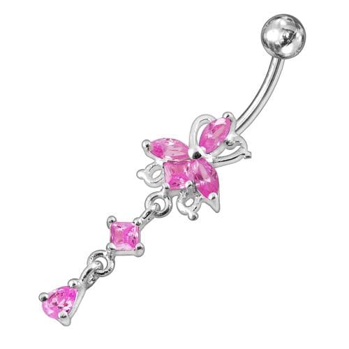 Fancy Flower Dangling Jeweled Navel Ring - Monster Piercing