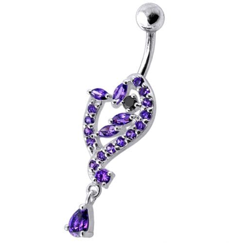 925 Silver Dangling Pink Stone Jeweled Heart Navel Ring - Monster Piercing