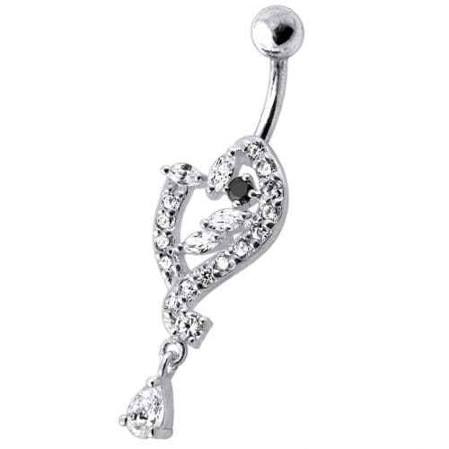 925 Silver Dangling Pink Stone Jeweled Heart Navel Ring - Monster Piercing