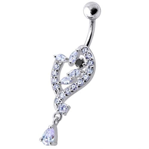 925 Silver Dangling Pink Stone Jeweled Heart Navel Ring - Monster Piercing