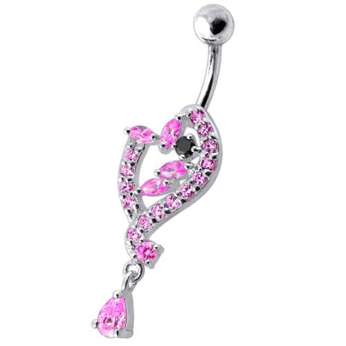 925 Silver Dangling Pink Stone Jeweled Heart Navel Ring - Monster Piercing