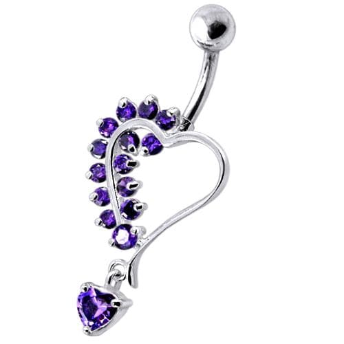 Silver Dangling Heart Jeweled Belly Ring - Monster Piercing