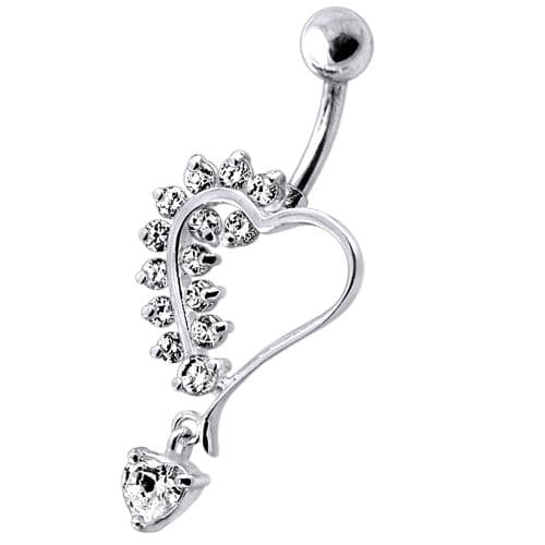 Silver Dangling Heart Jeweled Belly Ring - Monster Piercing