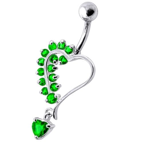 Silver Dangling Heart Jeweled Belly Ring - Monster Piercing