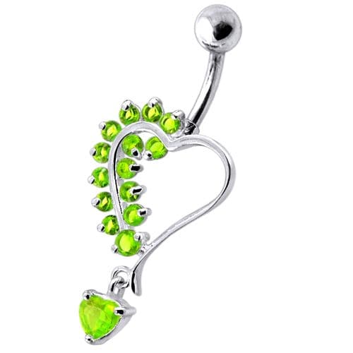 Silver Dangling Heart Jeweled Belly Ring - Monster Piercing