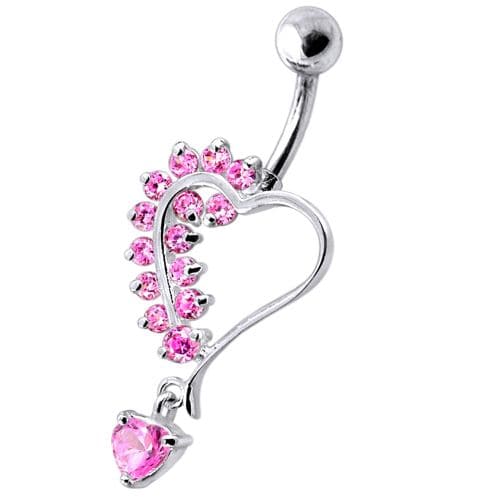 Silver Dangling Heart Jeweled Belly Ring - Monster Piercing